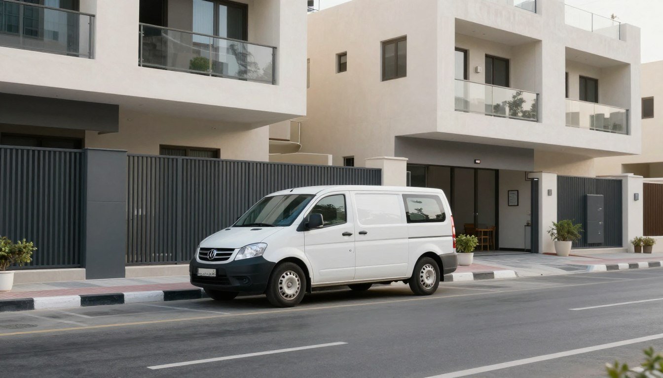 سيارة توصيل تقف أمام مدخل مبنى سكني