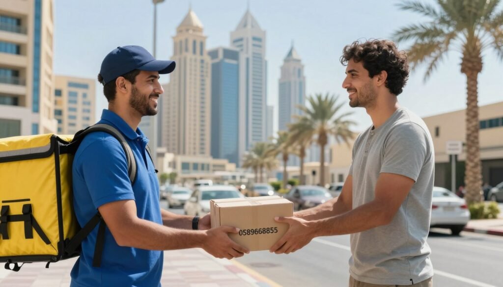 مندوب توصيل ينقل طلب متجر إلى مستلم في دبي